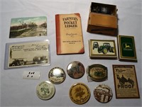 Assorted advertising, JD cards, postcards, pins,