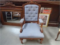 Vintage Wood Frame Padded Chair on Wheels