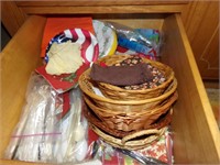 Baskets, paper plates, napkins, plastic forks