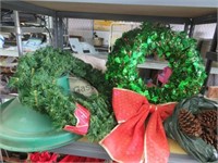 CHRISTMAS TREE STAND, 2 WREATHS, BAG OF PINECONES
