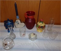 Glasses, vases, blue collered candy dish