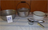 aluminum and porcelin pots and mixinng bowls
