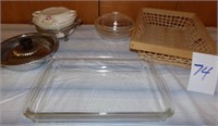 1Pyrex glass pan, 2lidded serving dishes w/ stands