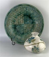 Pottery Vase & Pier 1 Decorative Bowl on Stand