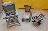 Box cast iron cook stove, wolverine tin dollhouse