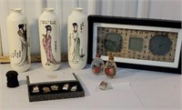 Box of oriental items - vases, snuff jars?, Etc