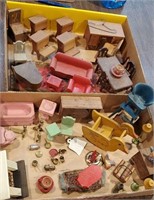 2 boxes of wooden dollhouse furniture
