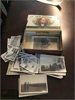 Vintage cigar box, black and white military photos