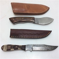(2) BOWIE KNIVES w LEATHER CASES, 1 DAMASCUS BLADE