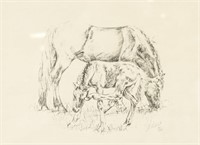 Lithograph on Paper Horses Signed in Graphite