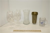 Plastic Wine Glasses and Glass Vase