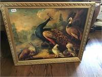 Framed Peacock and Partridge painting on canvas