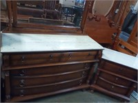 Marble top dresser with mirror, side table , bed