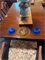 Amber Lincoln Plate and Cobalt Cup and Saucers
