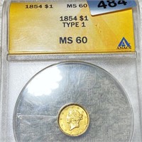 1854 Rare Gold Dollar ANACS - MS60