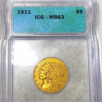 1911 $5 Gold Half Eagle ICG - MS63