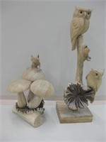 Carved Wood Owls & Frog On Mushrooms