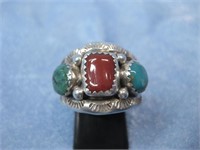 Sterling Silver, Turquoise & Coral SW Ring
