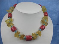Sterling, Turquoise, Amber & Bamboo Coral Necklace