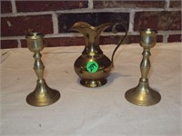 3 Piece Brass Lot - Candleholders + Pitcher