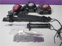 Survival Knife and 3 Head Lamps