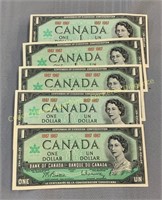 (5) Uncirculated 1967 Centennial 1 dollar notes