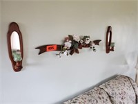 WOOD WALL SCONCES W/ CANDLES & WOOD WALL DECOR
