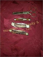 Box Lot of 3 Pocket Knives & Pair of Scissors