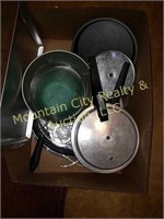 Box Lot of Pots, Pans, and a pressure cooker