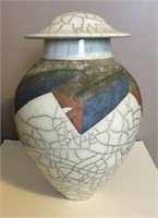 Peter Powning raku vase, 12" tall x 8" diam