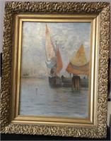 E.M. Pender, oil "European Boat Scene"