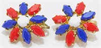 Vintage Jeweled Red, White & Blue Clip Earrings
