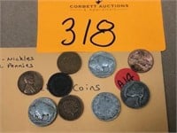 VINTAGE COIN GROUP: (5) PENNIES, (4) NICKELS, (A14