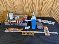 misc. items, sign, hanger, tools, flag