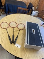 3 badminton racquets, step stool