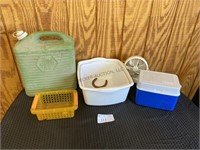 tubs, vintage 5 gallon gas can, cooler, & fan