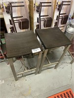 2 bar stools metal base wood seat