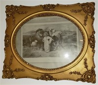 Victorian print  Child w animals in antique frame