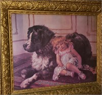 Victorian print antique frame Girl w Dog sleeping