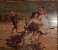 Victorian Print w Children on Beach