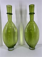 Pr Green Handblown Glass Retro Vases 19.5"