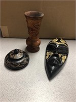 Three wooden collectibles - Mask, Vase, Lidded Dis