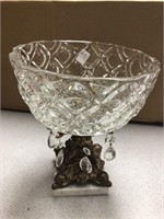 Cut glass crystal footed dish with crystals