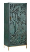 New World Market Teal Carved Wood Peacock Cabinet