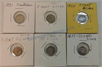 1851, 2 - 1852, 1853, 1856, 1857 three cent silver