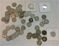 Lot of 44 Liberty nickels, 13 Jefferson war