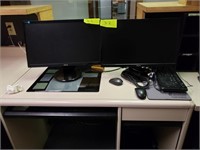 2 computer monitors with keyboards & mouse