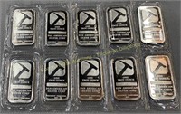 (10) 1-Ounce 999 silver bars, (10) Lingots 1-once