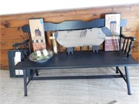 Wood bench, pictures, wood bowl, cabinet