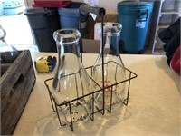 2 Glass Milk Bottles and Carrier